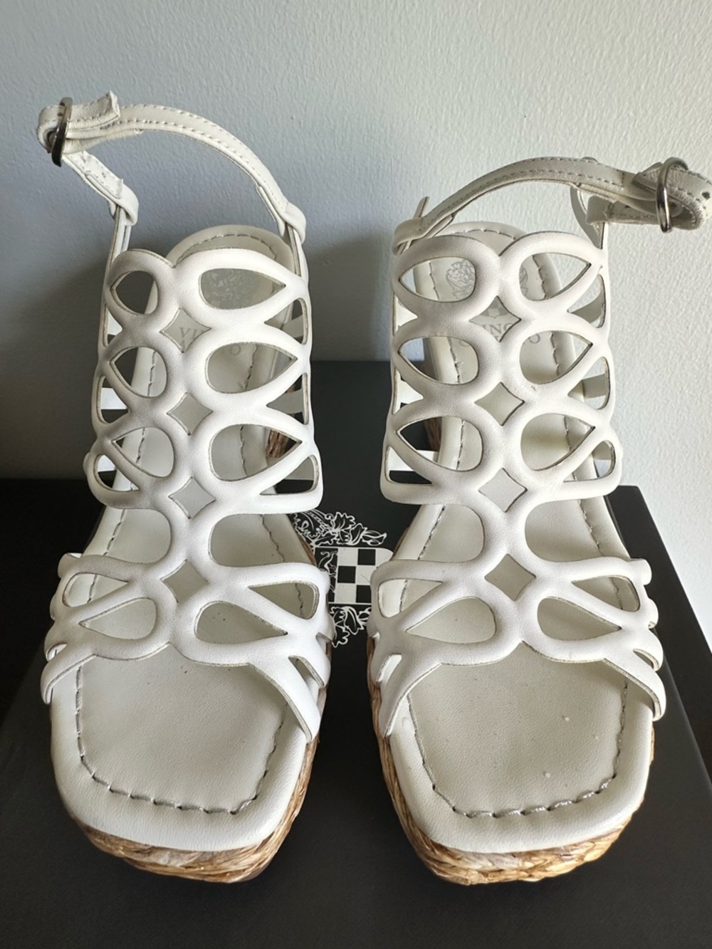 Vince Camuto White Cutout Wedge Sandals with Ankle Strap